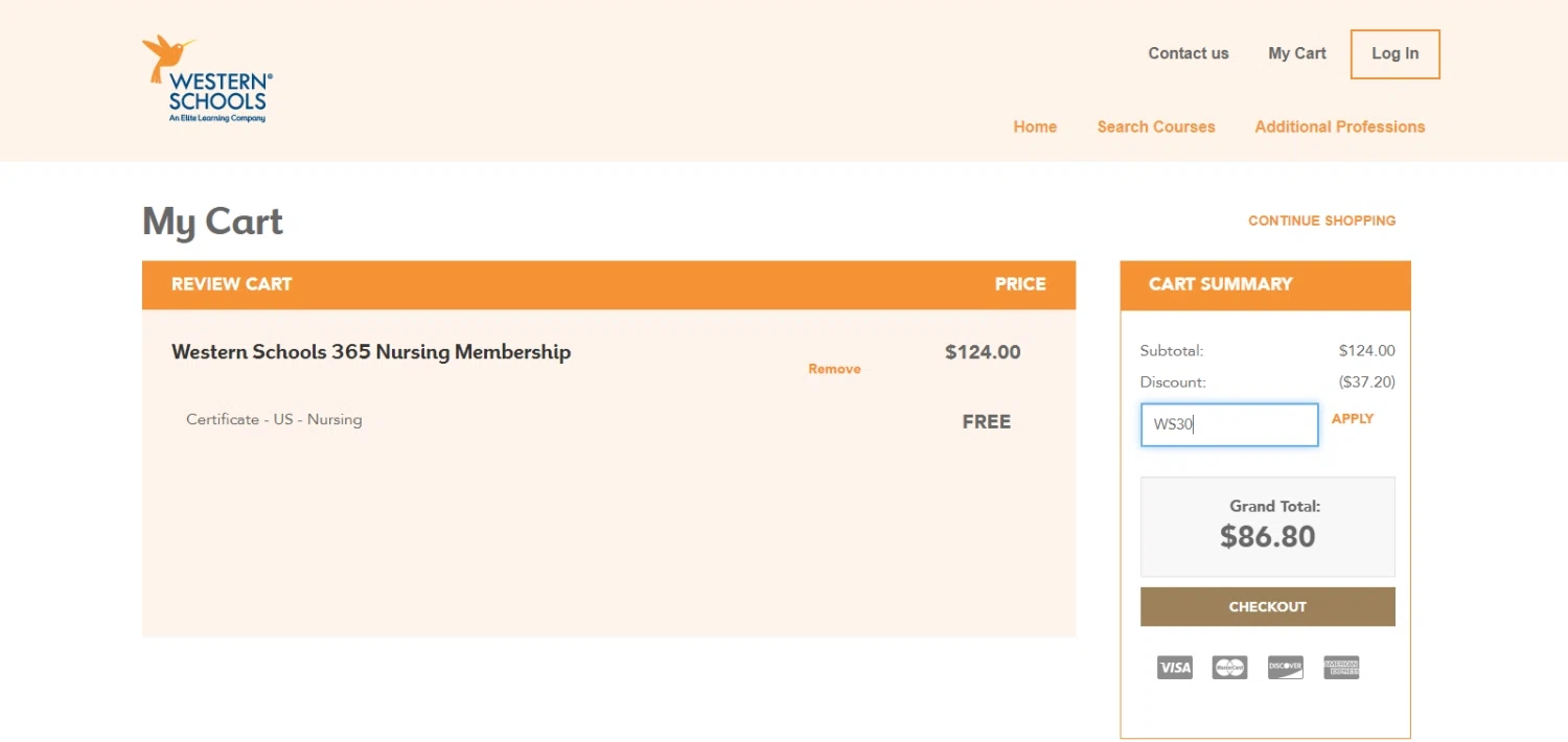 Western Schools checkout page showing Western Schools promo code box | Screenshot taken by SimplyCodes community member on Sep 26, 2022