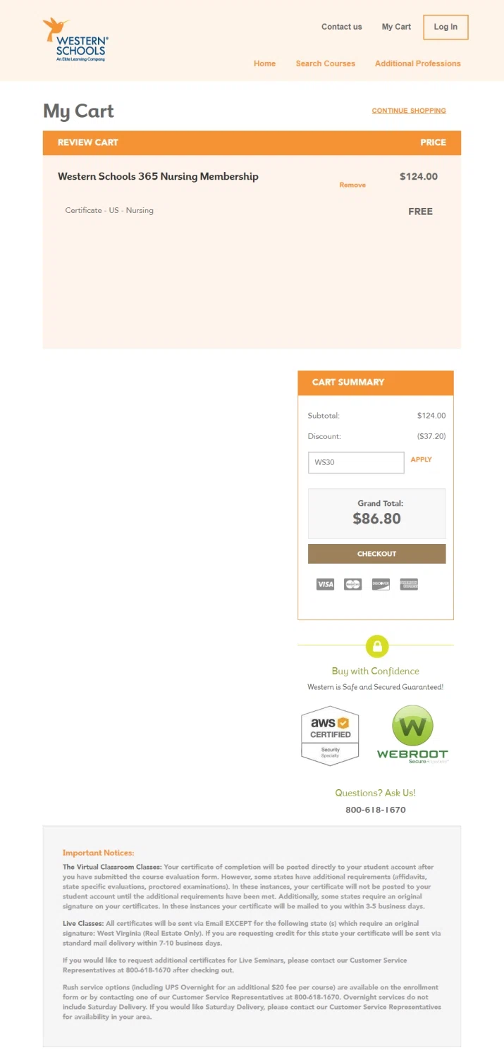 Western Schools checkout page showing Western Schools promo code box | Screenshot taken by SimplyCodes community member on Oct 25, 2022