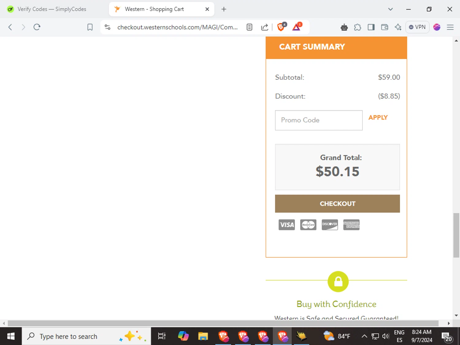 Western Schools checkout page showing Western Schools promo code box | Screenshot taken by SimplyCodes community member on Sep 7, 2024