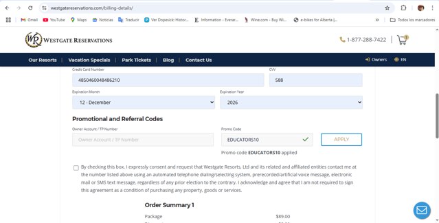 Westgate Resorts checkout page showing Westgate Resorts promo code box | Screenshot taken by SimplyCodes community member on Jun 1, 2025