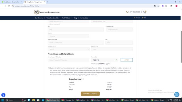 Westgate Resorts checkout page showing Westgate Resorts promo code box | Screenshot taken by SimplyCodes community member on Jun 14, 2025