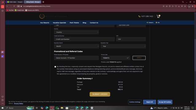 Westgate Resorts checkout page showing Westgate Resorts promo code box | Screenshot taken by SimplyCodes community member on Jun 20, 2025