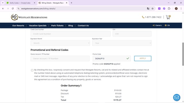 Westgate Resorts checkout page showing Westgate Resorts promo code box | Screenshot taken by SimplyCodes community member on Jun 10, 2025
