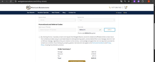 Westgate Resorts checkout page showing Westgate Resorts promo code box | Screenshot taken by SimplyCodes community member on Jul 23, 2025