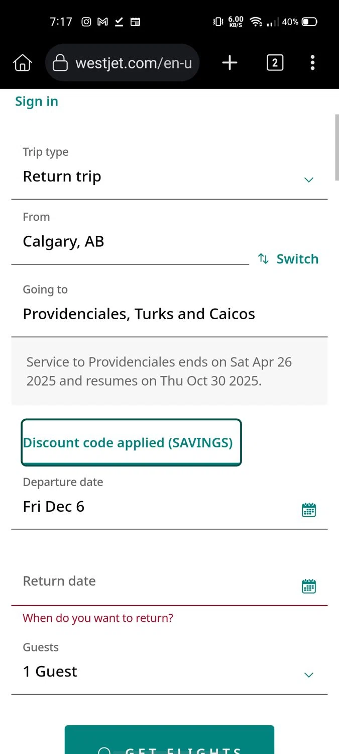 where to use WestJet promo code box