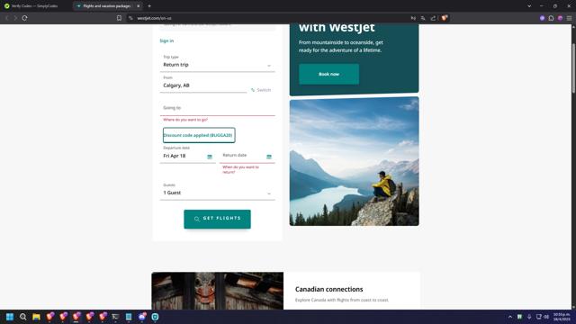 WestJet checkout page showing WestJet discount code box | Screenshot taken by SimplyCodes community member on Apr 19, 2025
