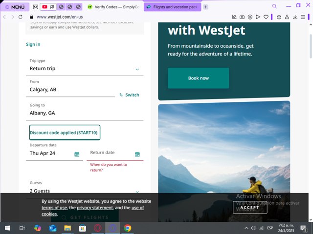 WestJet checkout page showing WestJet discount code box | Screenshot taken by SimplyCodes community member on Apr 24, 2025