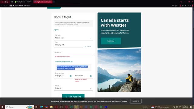 WestJet checkout page showing WestJet discount code box | Screenshot taken by SimplyCodes community member on Apr 22, 2025