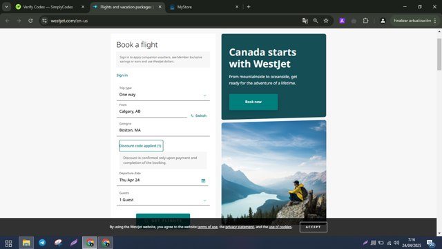WestJet checkout page showing WestJet discount code box | Screenshot taken by SimplyCodes community member on Apr 24, 2025