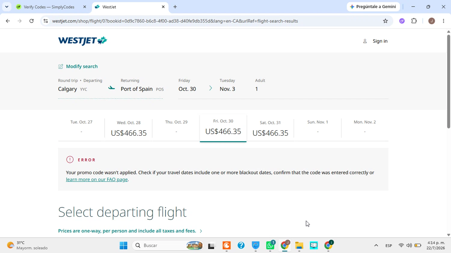 Verification screenshot for 10% Off Storewide at WestJet - 11d ago