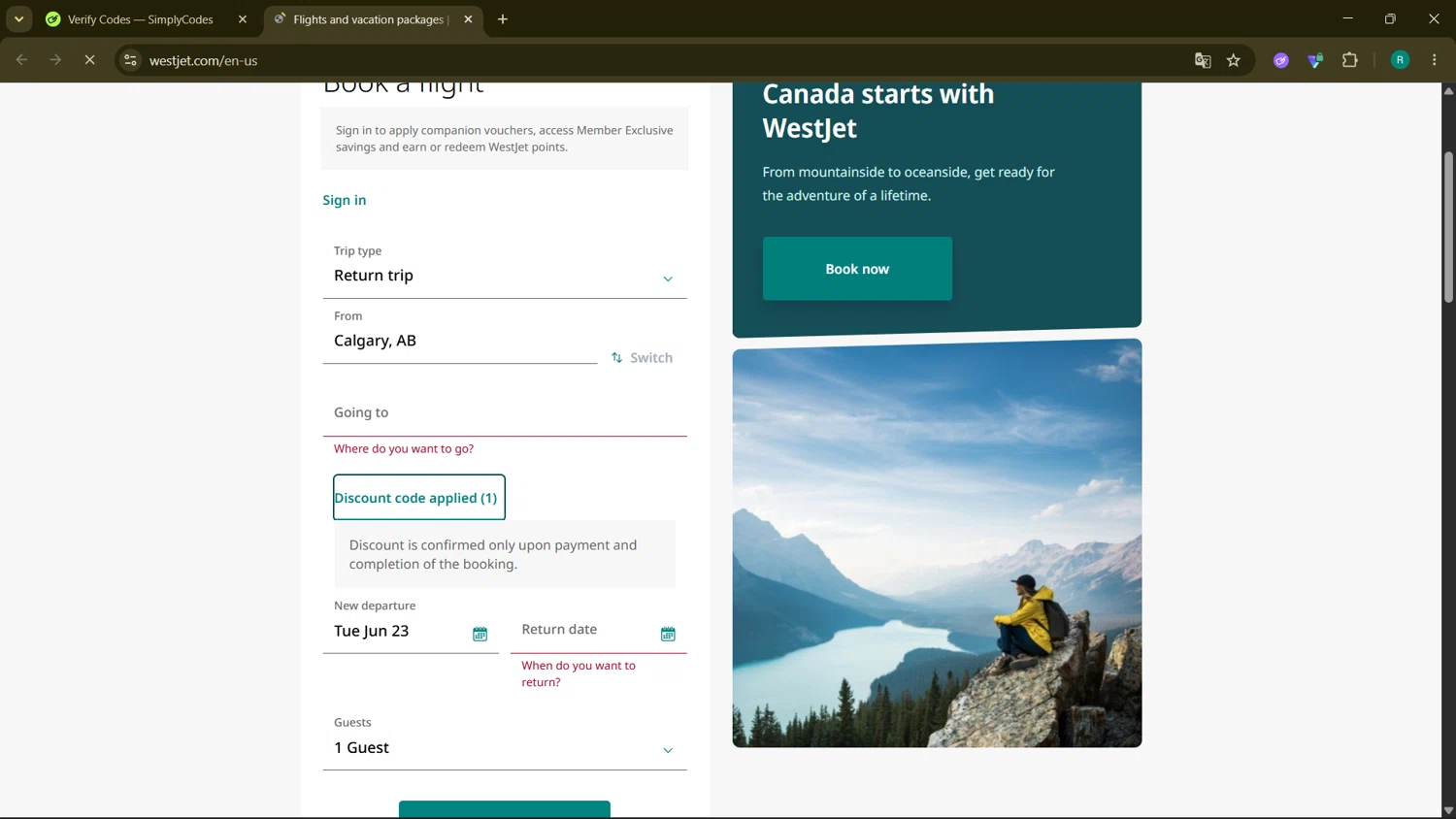 Verification screenshot for 10% Off Storewide at WestJet - 40d ago
