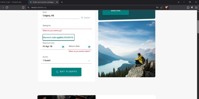 WestJet checkout page showing WestJet discount code box | Screenshot taken by SimplyCodes community member on Apr 18, 2025