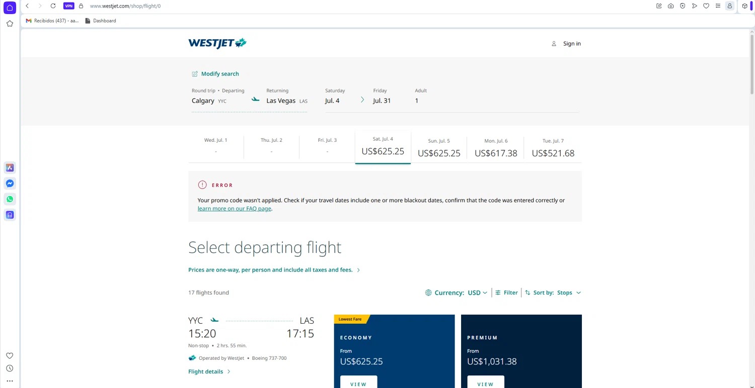 Verification screenshot for 10% Off Storewide at WestJet - 29d ago
