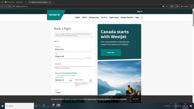 WestJet checkout page showing WestJet discount code box | Screenshot taken by SimplyCodes community member on Apr 23, 2025
