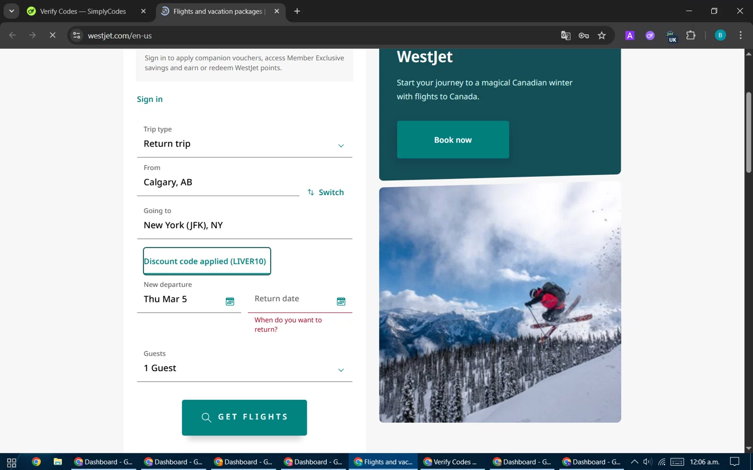 Verification screenshot for 10% Off Storewide at WestJet — 3mo ago