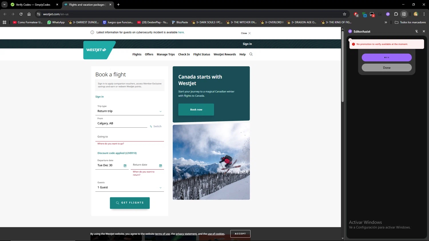 WestJet discount code screenshot showing code LIVER10 applied at WestJet checkout page. Uploaded by SimplyCodes community member MiauMiau on Dec 30, 2025