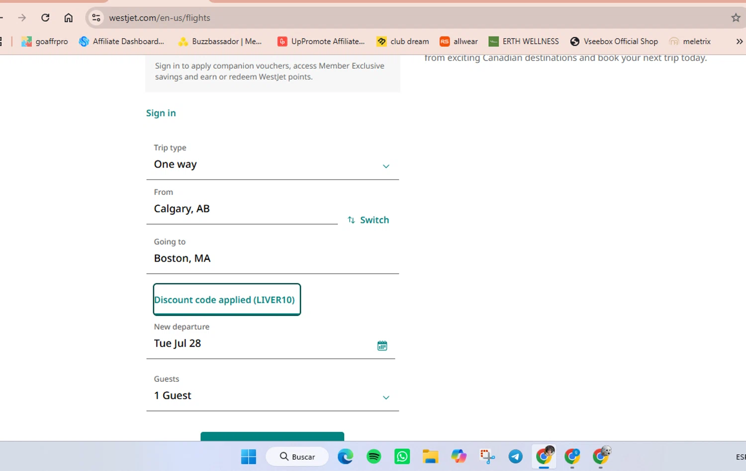 Verification screenshot for 10% Off Storewide at WestJet - 5d ago
