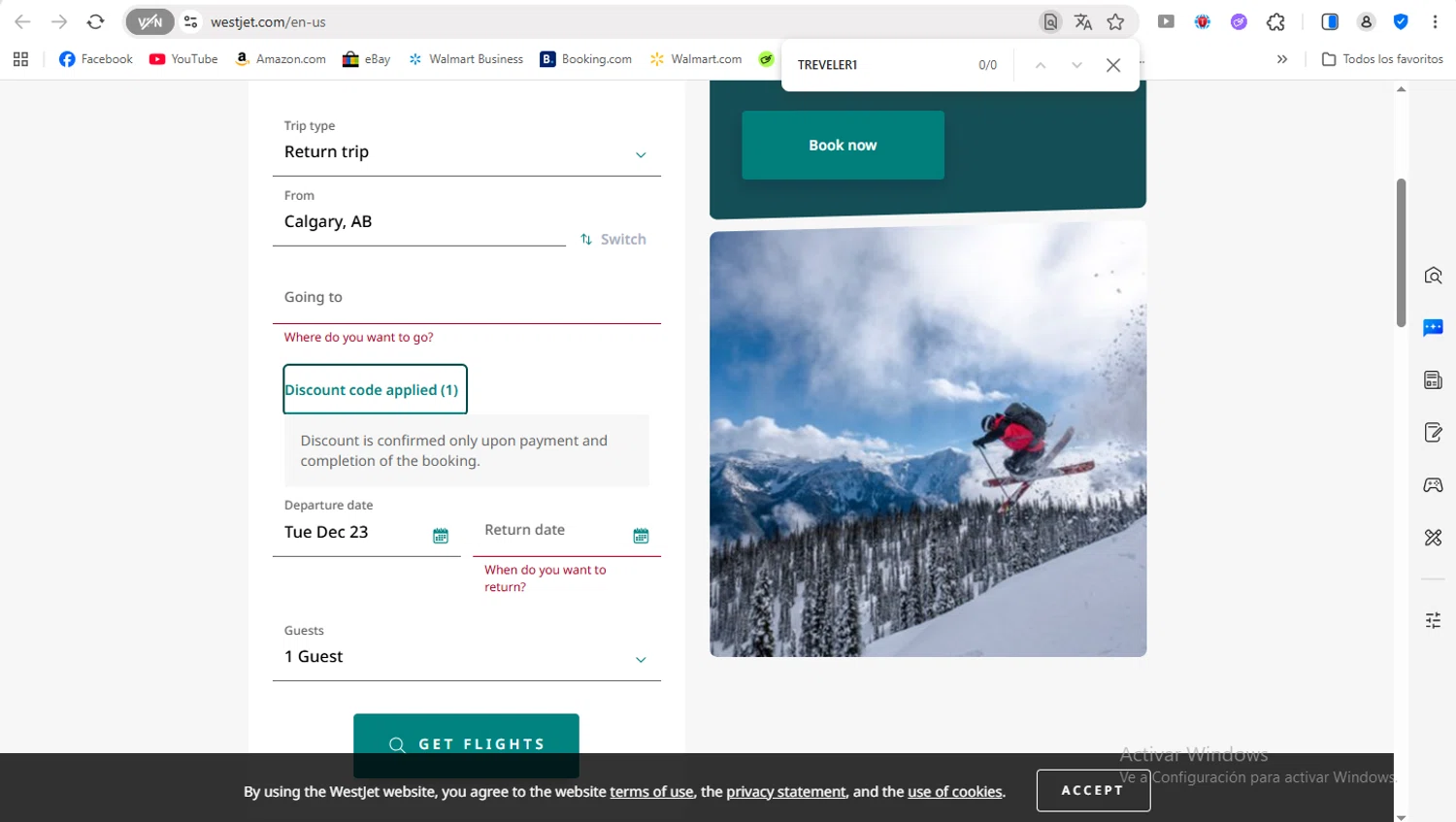WestJet discount code screenshot showing code TREVELER1 applied at WestJet checkout page. Uploaded by SimplyCodes community member FrancyB on Dec 23, 2025