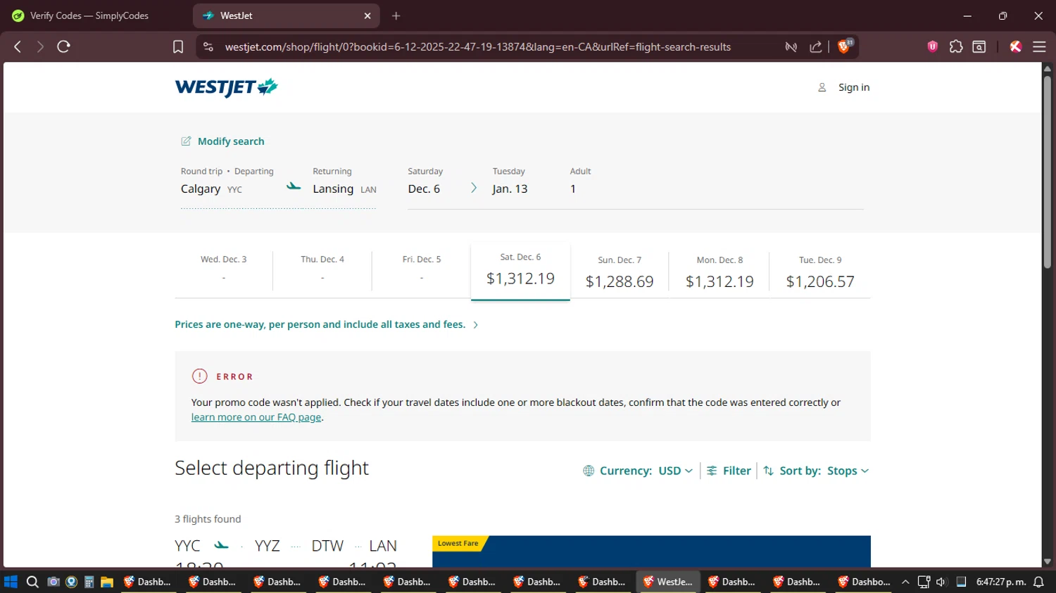 WestJet discount code screenshot showing code TREVELER1 applied at WestJet checkout page. Uploaded by SimplyCodes community member Shizuku on Dec 6, 2025