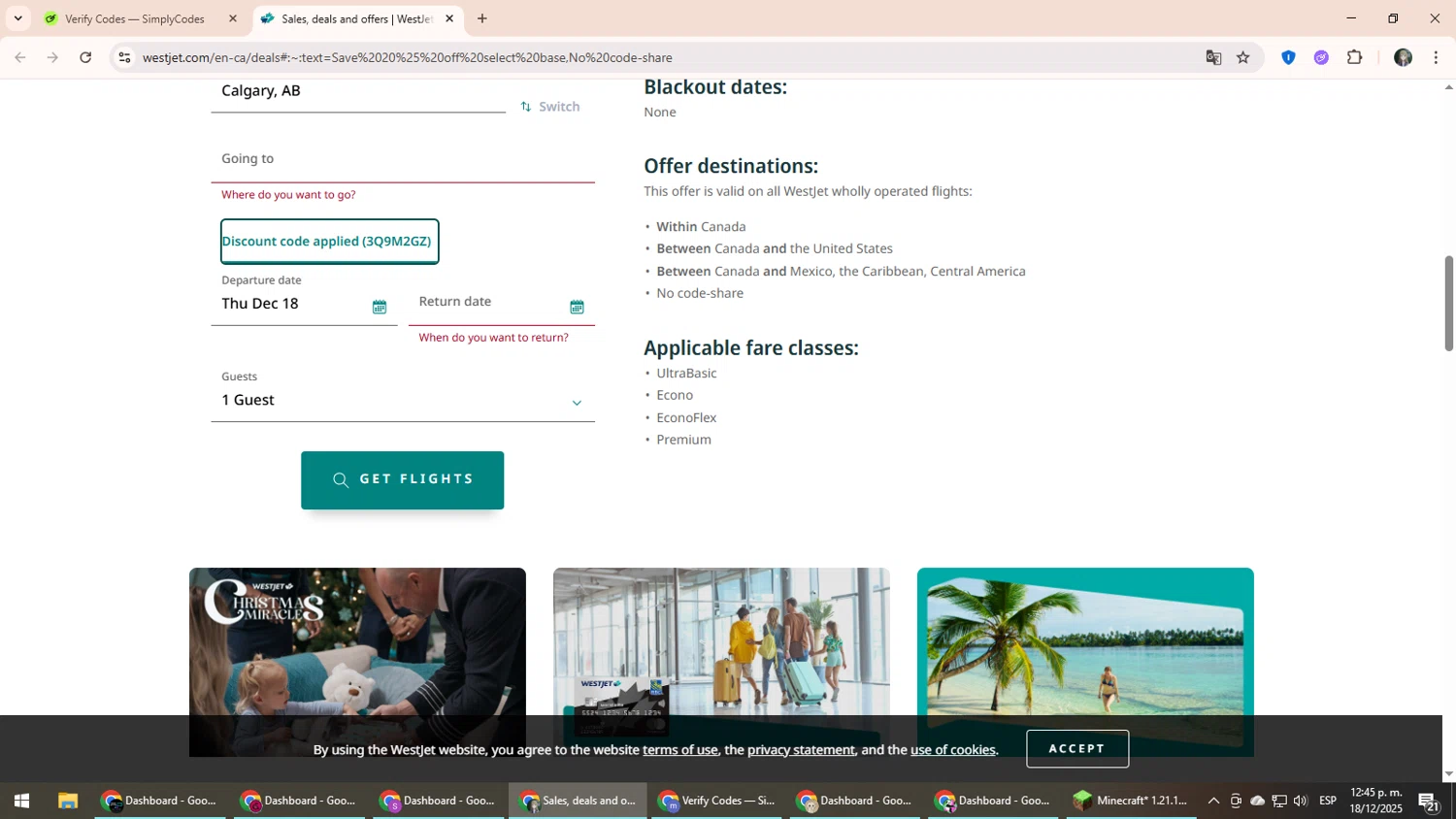 WestJet discount code screenshot showing code 3Q9M2GZ applied at WestJet checkout page. Uploaded by SimplyCodes community member CleverLynx6871 on Dec 18, 2025