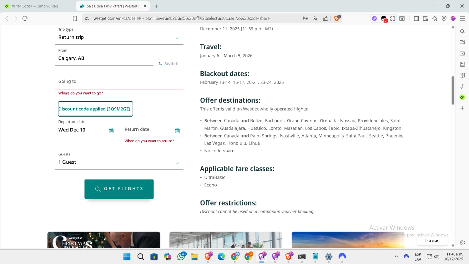 WestJet discount code screenshot showing code 3Q9M2GZ applied at WestJet checkout page. Uploaded by SimplyCodes community member DiscountExpert556 on Dec 10, 2025