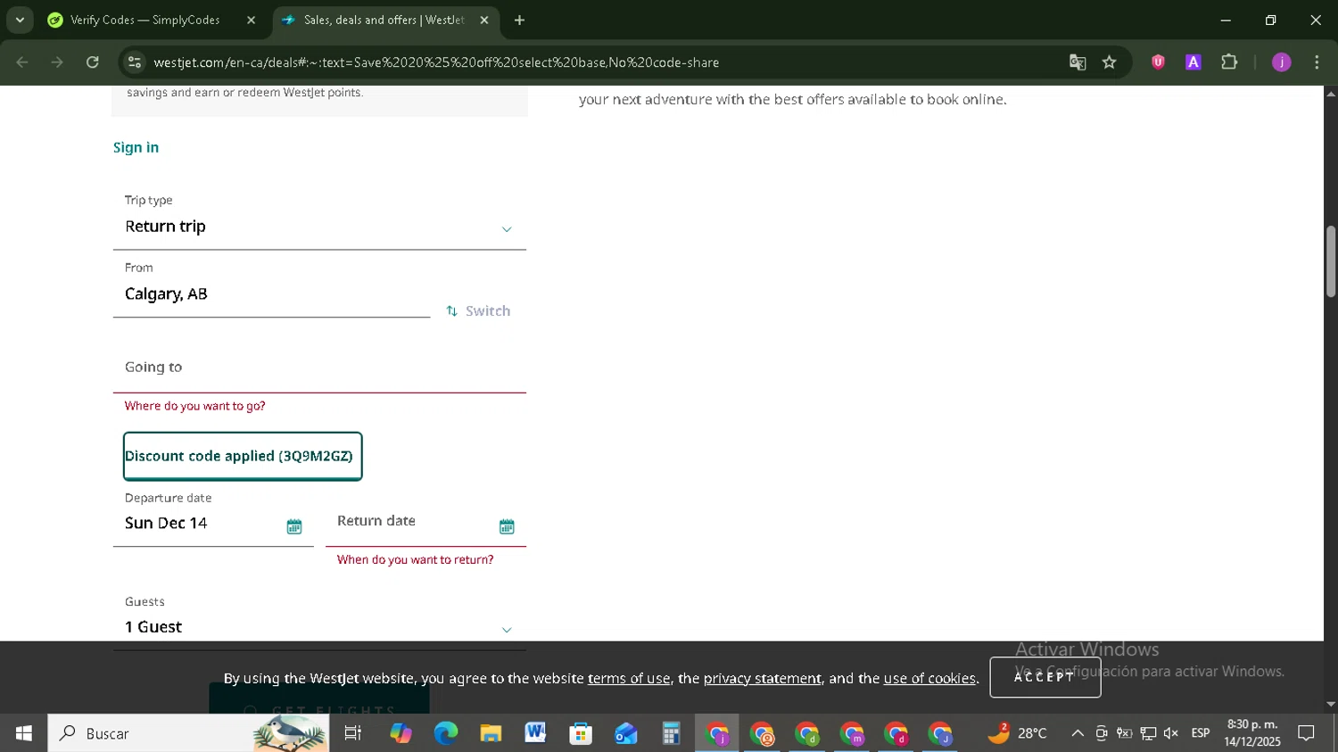 WestJet discount code screenshot showing code 3Q9M2GZ applied at WestJet checkout page. Uploaded by SimplyCodes community member Tazbravo on Dec 15, 2025