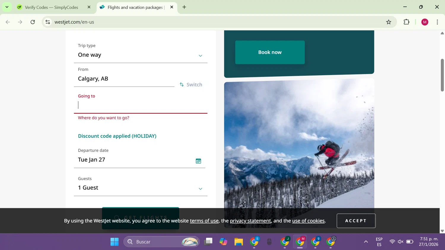WestJet checkout page showing WestJet discount code box | Screenshot taken by SimplyCodes community member on Jan 27, 2026