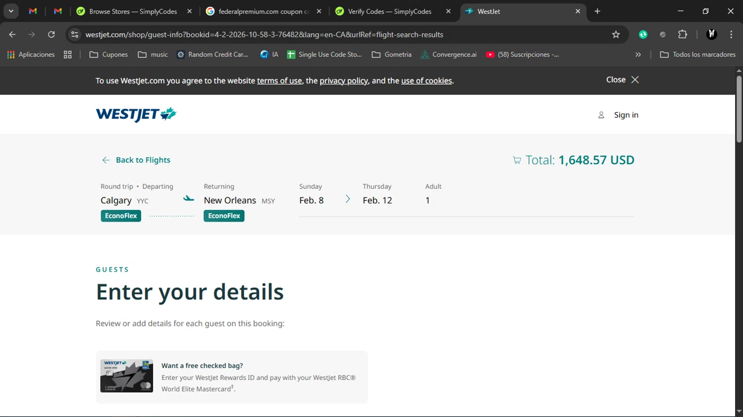 WestJet checkout page showing WestJet discount code box | Screenshot taken by SimplyCodes community member on Feb 4, 2026