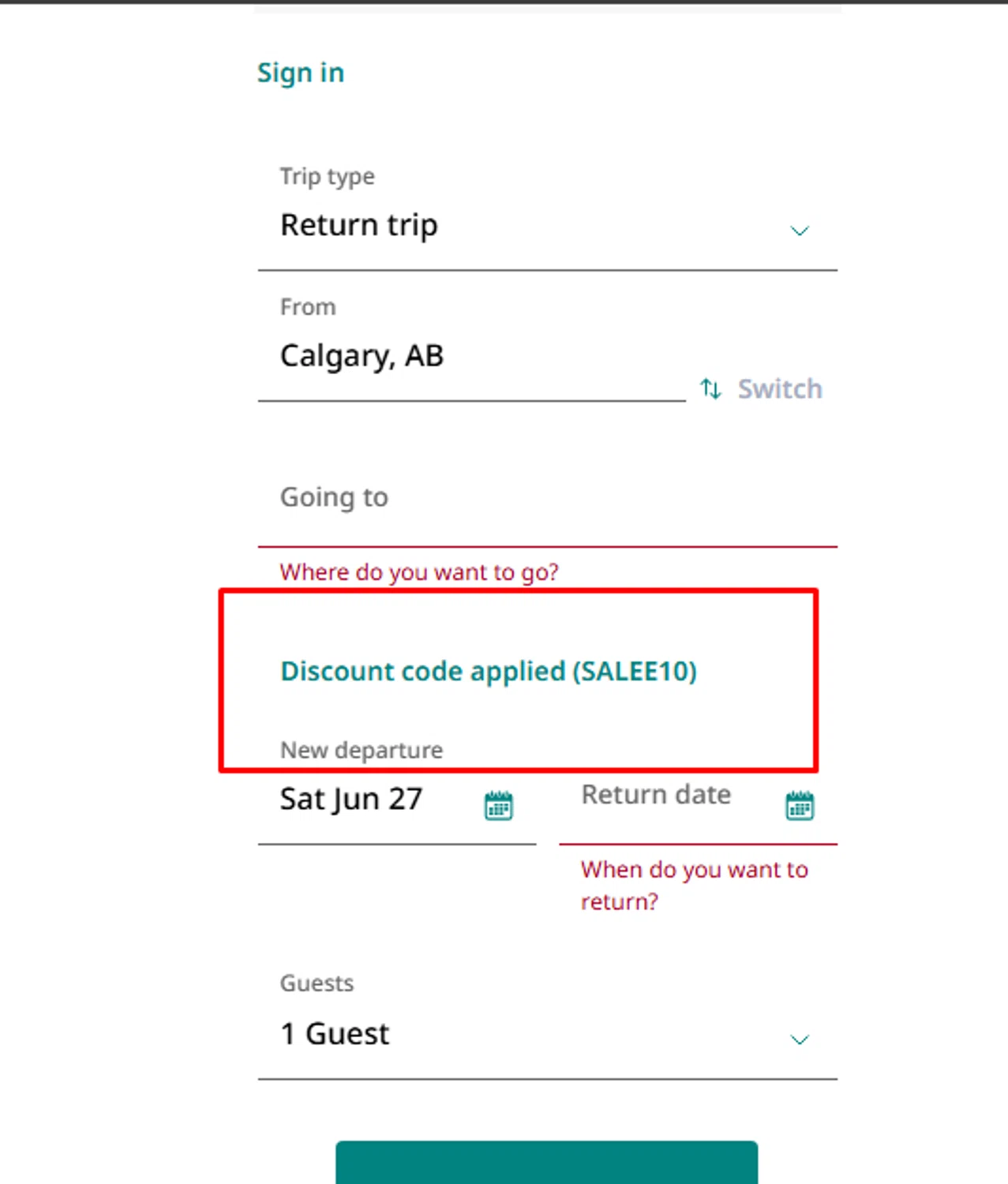 Verification screenshot for 10% Off Storewide at WestJet - 1d ago