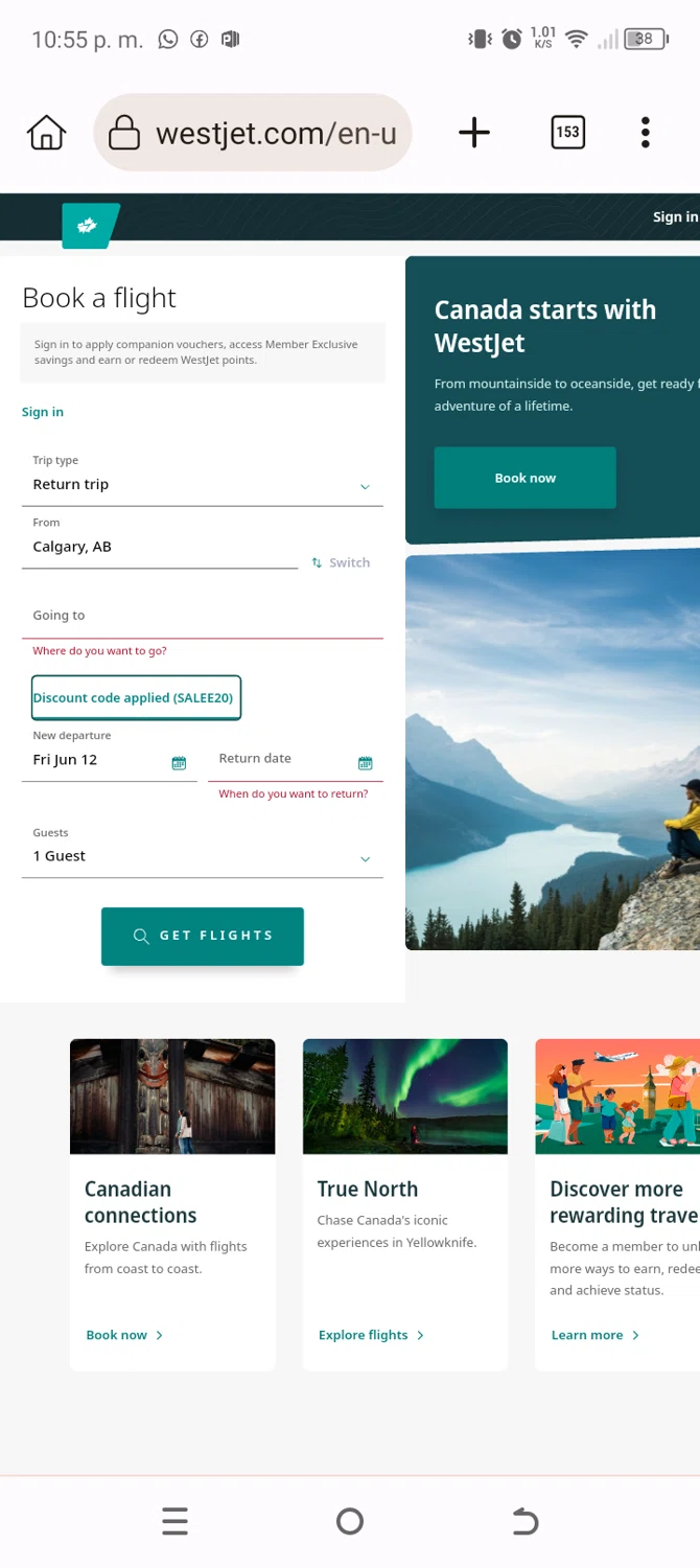 Verification screenshot for 20% Off Storewide at WestJet - 16d ago
