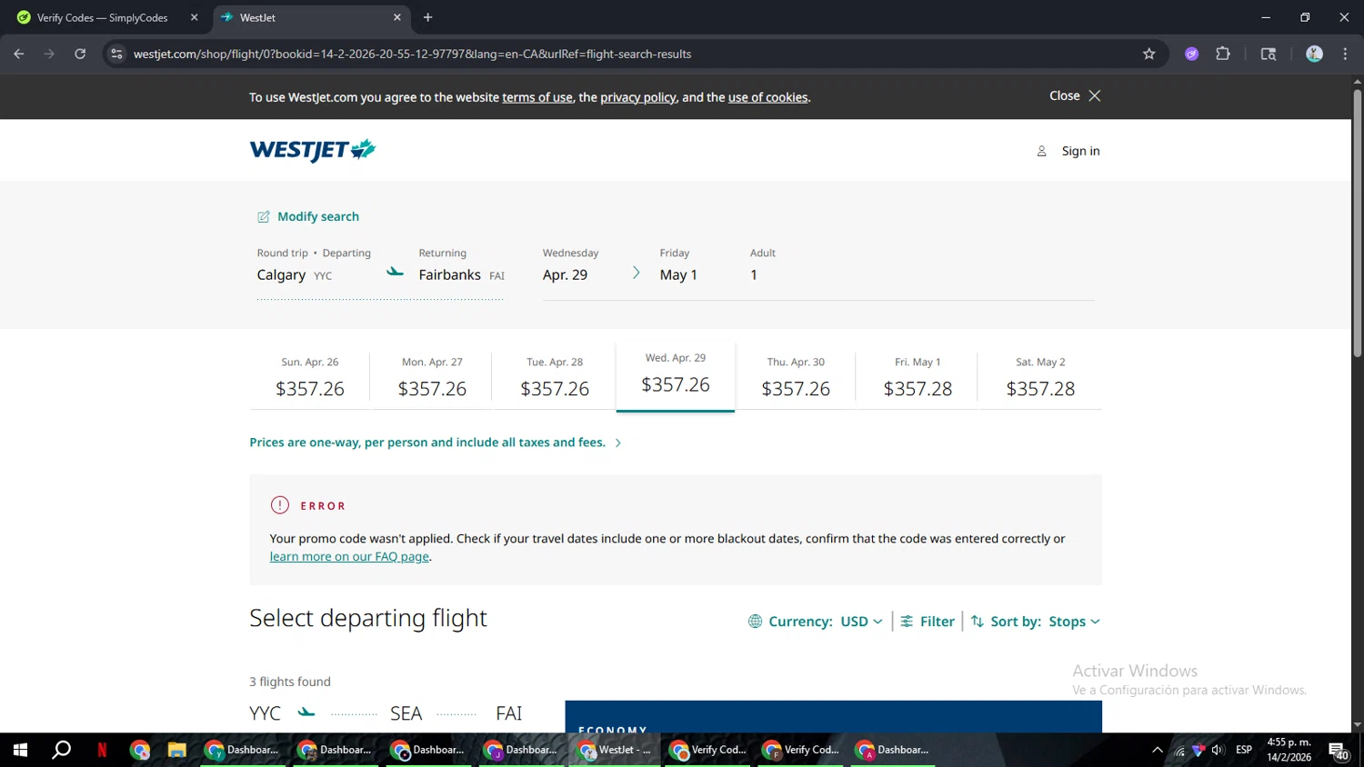 WestJet discount code screenshot showing code Salee20 applied at WestJet checkout page. Uploaded by SimplyCodes community member ShrewdSeeker6165 on Feb 14, 2026