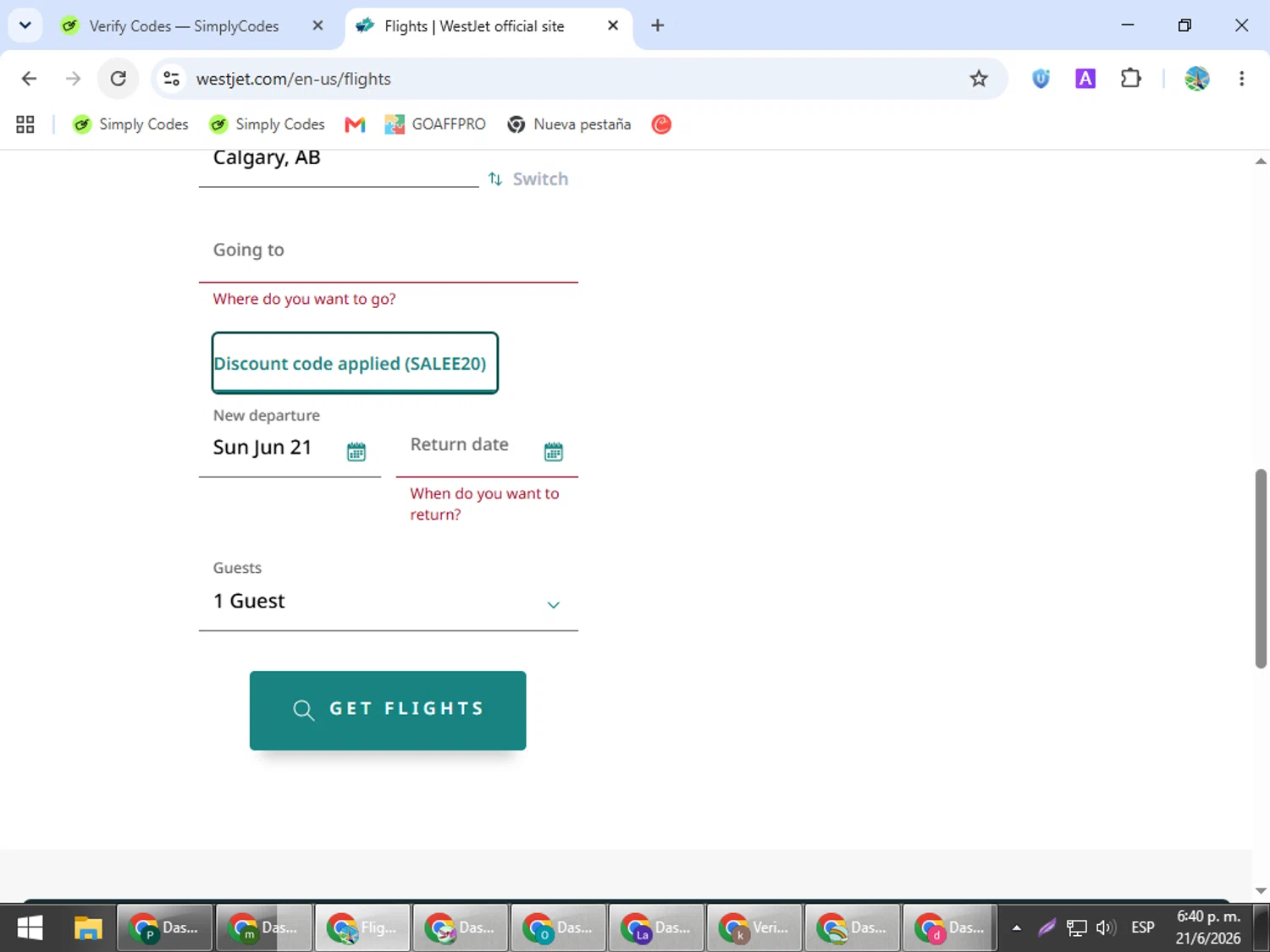 Verification screenshot for 20% Off Storewide at WestJet - 7d ago