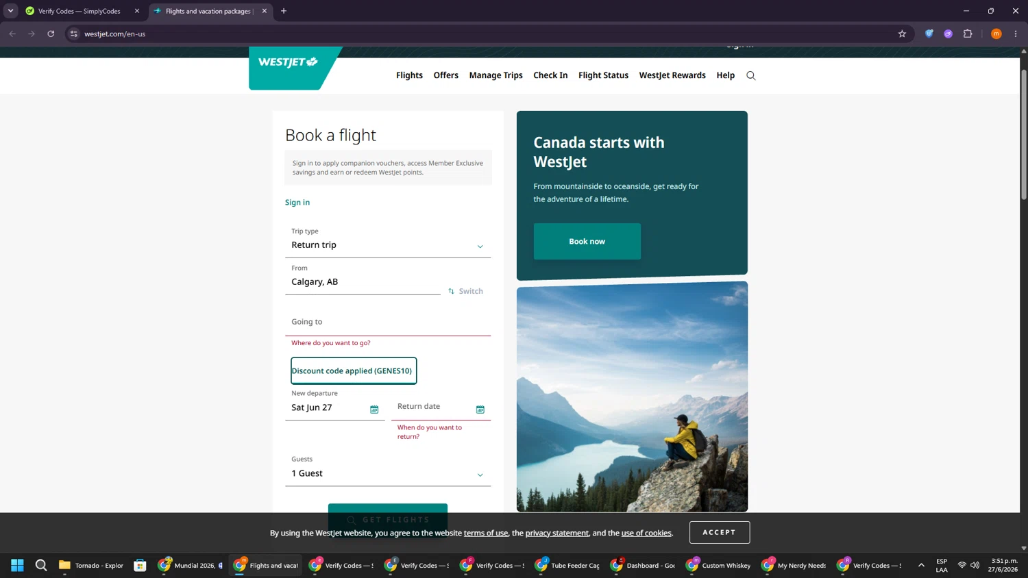 Verification screenshot for 10% Off Storewide at WestJet - 1d ago