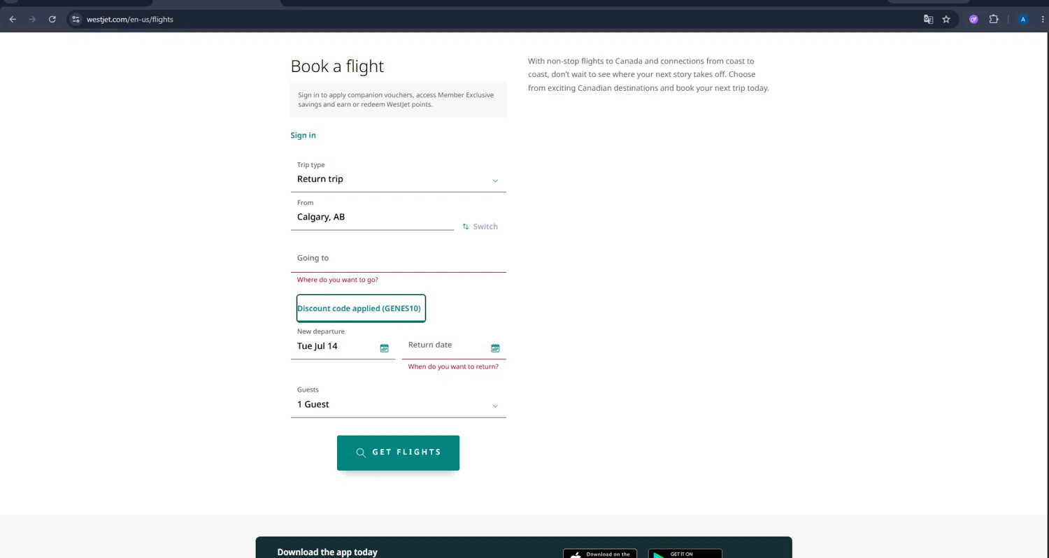 Verification screenshot for 10% Off Storewide at WestJet - 18d ago