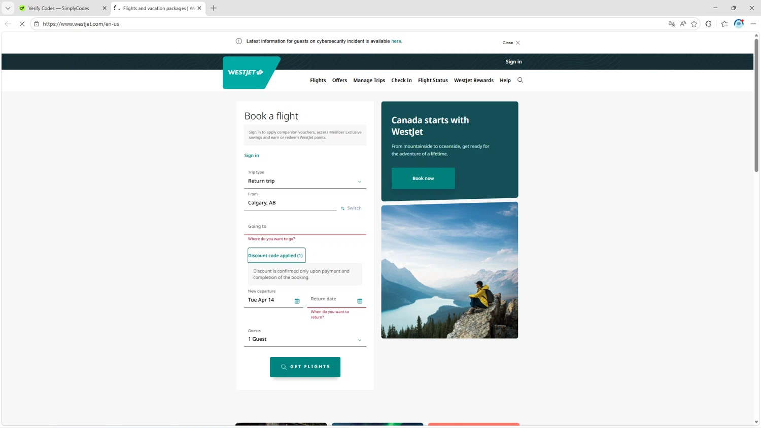 Verification screenshot for 20% Off Storewide at WestJet — 50d ago