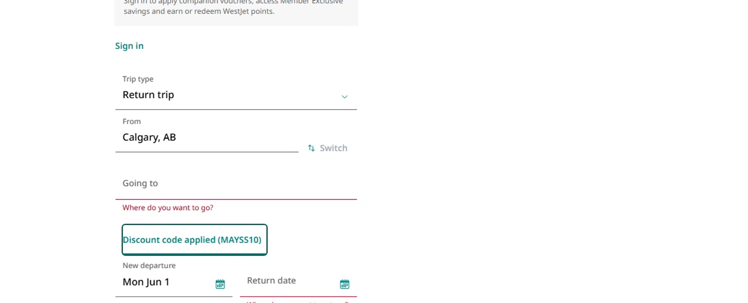 Verification screenshot for 10% Off Storewide at WestJet — 2d ago