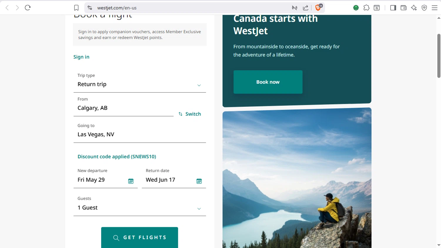 Verification screenshot for 10% Off Storewide at WestJet — 5d ago