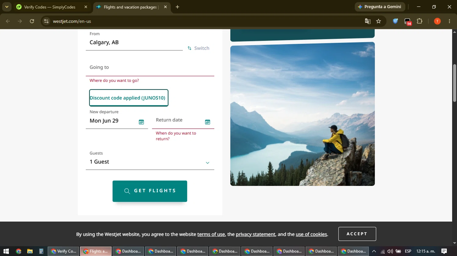 Verification screenshot for 10% Off Storewide at WestJet - 6h ago