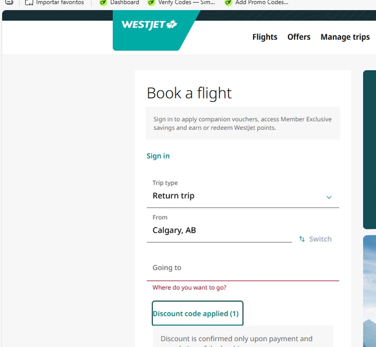 WestJet discount code screenshot showing code TREVELER1 applied at WestJet checkout page. Uploaded by SimplyCodes community member yeresojperez on Aug 16, 2025