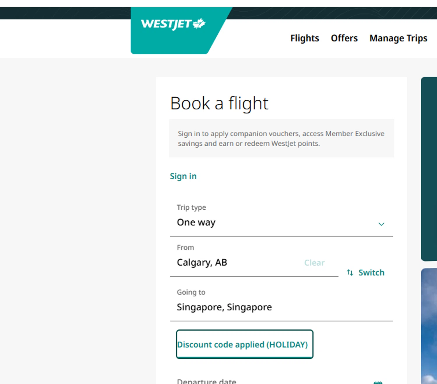 WestJet discount code screenshot showing code HOLIDAY applied at WestJet checkout page. Uploaded by SimplyCodes community member yeresojperez on Dec 19, 2025