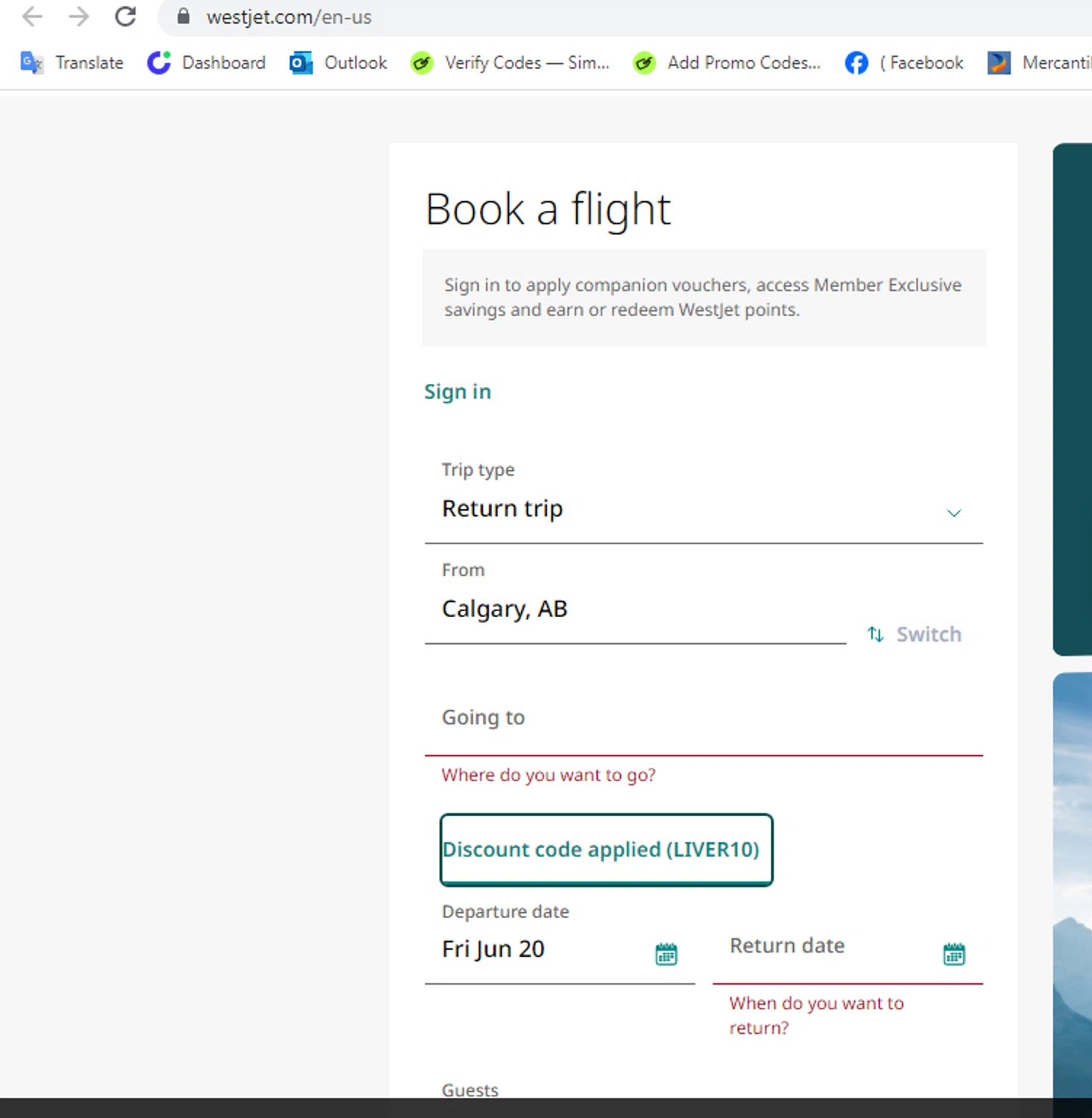 WestJet discount code screenshot showing code LIVER10 applied at WestJet checkout page. Uploaded by SimplyCodes community member yeresojperez on Jun 20, 2025