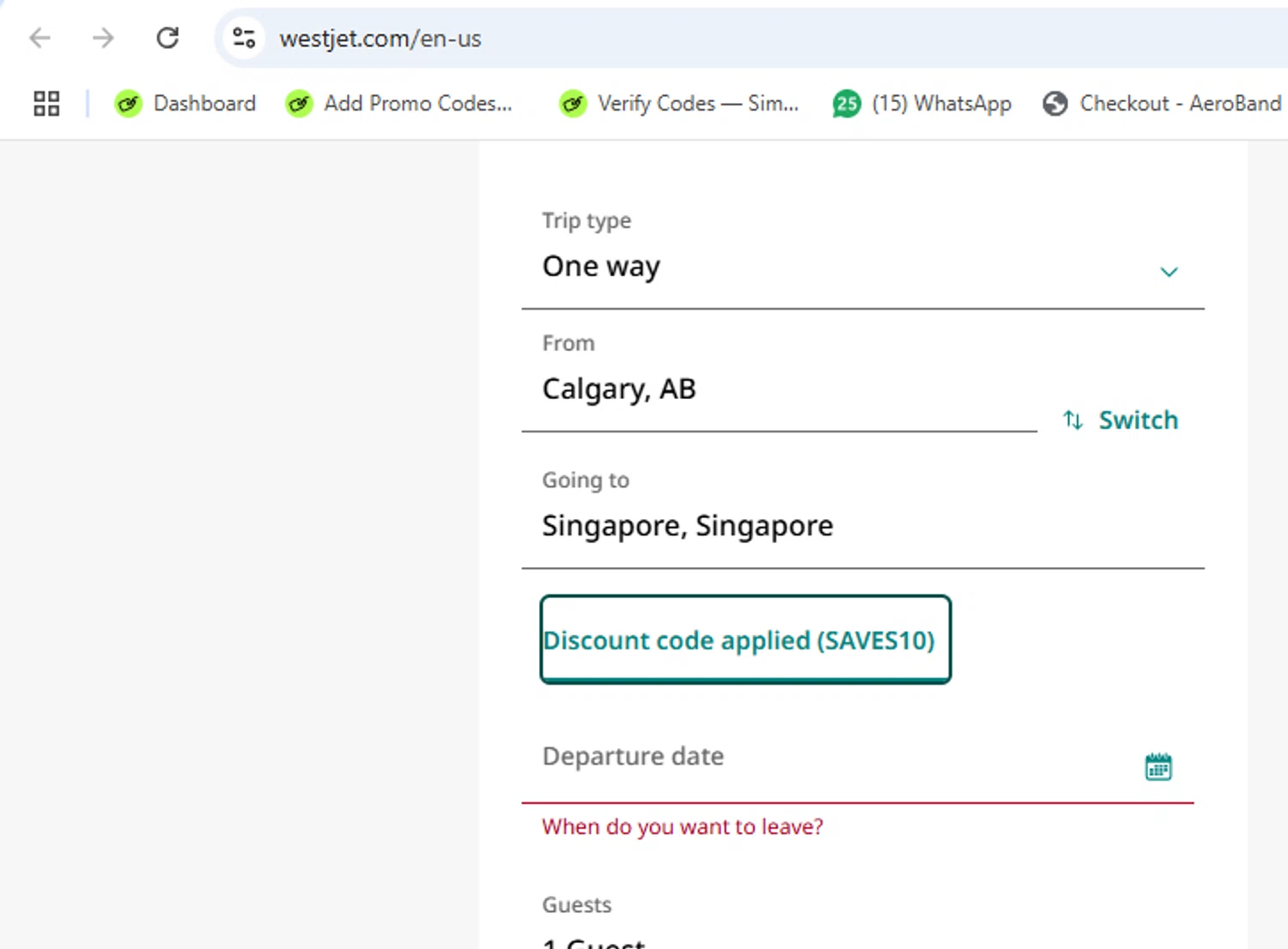 WestJet discount code screenshot showing code SAVES10 applied at WestJet checkout page. Uploaded by SimplyCodes community member yeresojperez on Dec 27, 2025