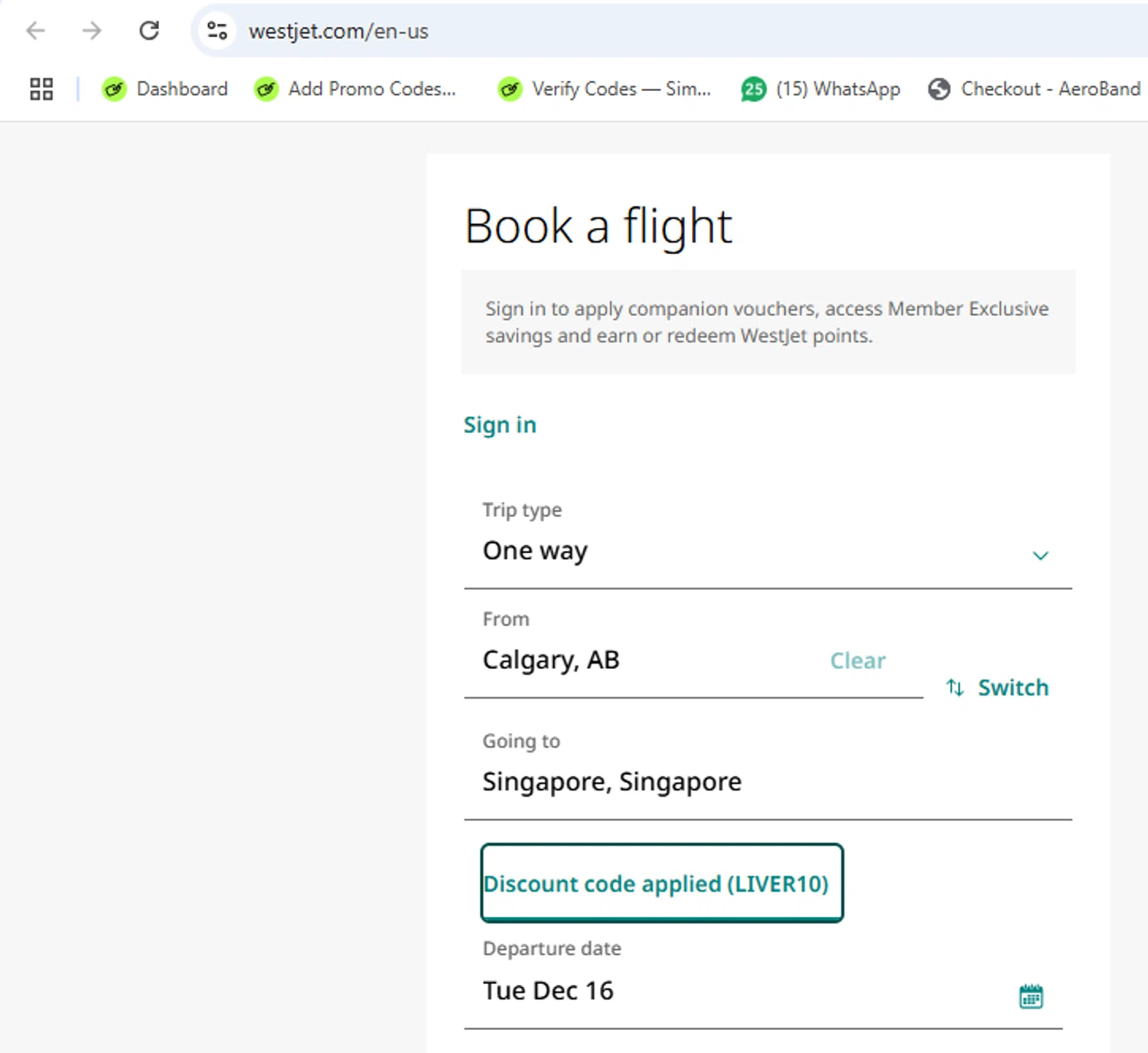 WestJet discount code screenshot showing code LIVER10 applied at WestJet checkout page. Uploaded by SimplyCodes community member yeresojperez on Dec 16, 2025