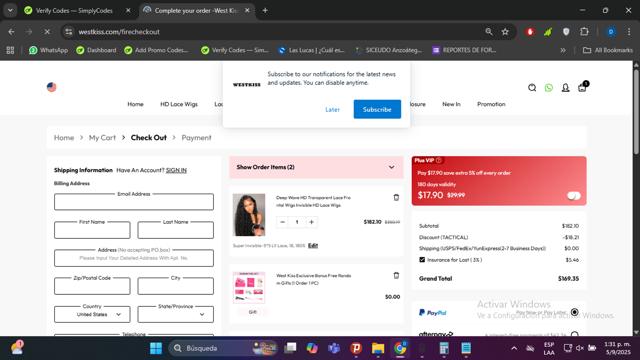 West Kiss checkout page showing West Kiss coupon code box | Screenshot taken by SimplyCodes community member on Sep 5, 2025