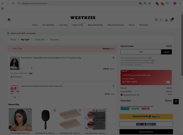 West Kiss checkout page showing West Kiss coupon code box | Screenshot taken by SimplyCodes community member on Aug 29, 2025