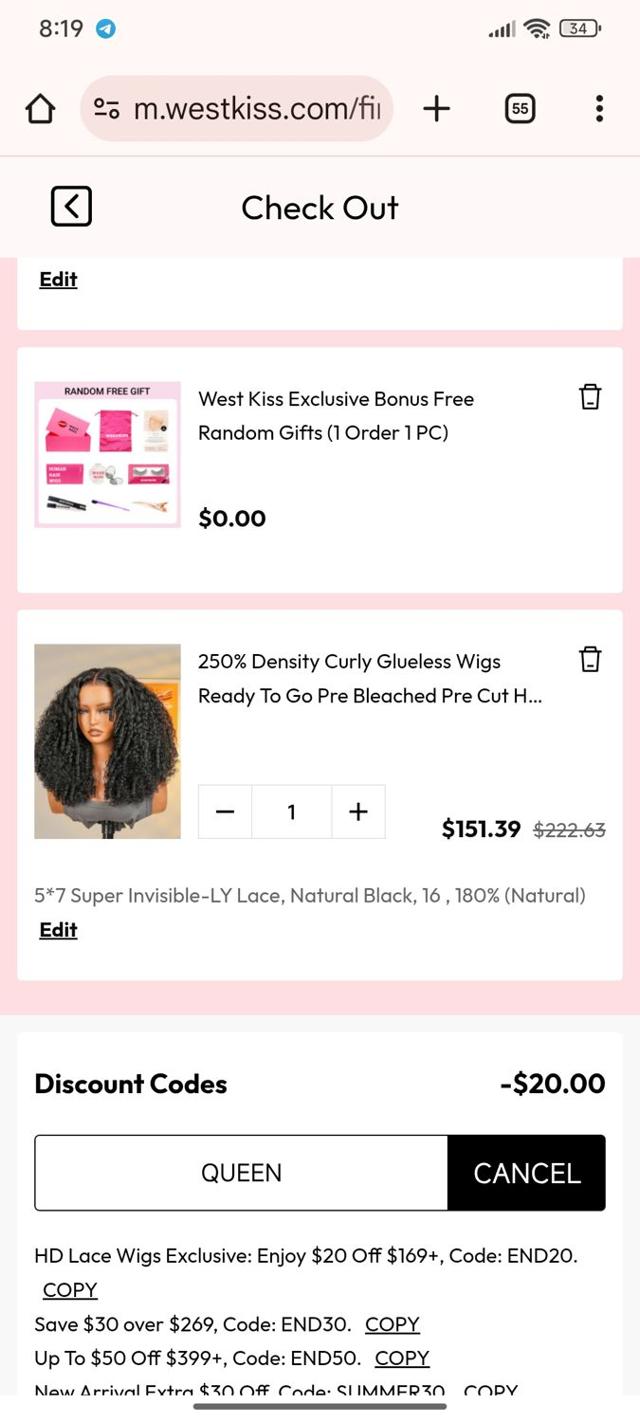 West Kiss checkout page showing West Kiss coupon code box | Screenshot taken by SimplyCodes community member on Sep 9, 2025