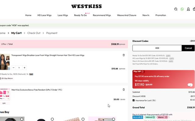 West Kiss checkout page showing West Kiss coupon code box | Screenshot taken by SimplyCodes community member on Aug 19, 2025