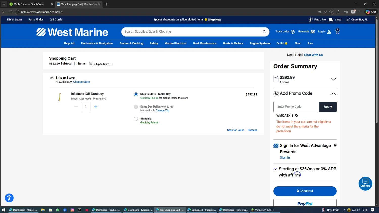 West Marine promo code screenshot showing code WMCAEX13 applied at West Marine checkout page. Uploaded by SimplyCodes community member Kaizen on Jan 30, 2026