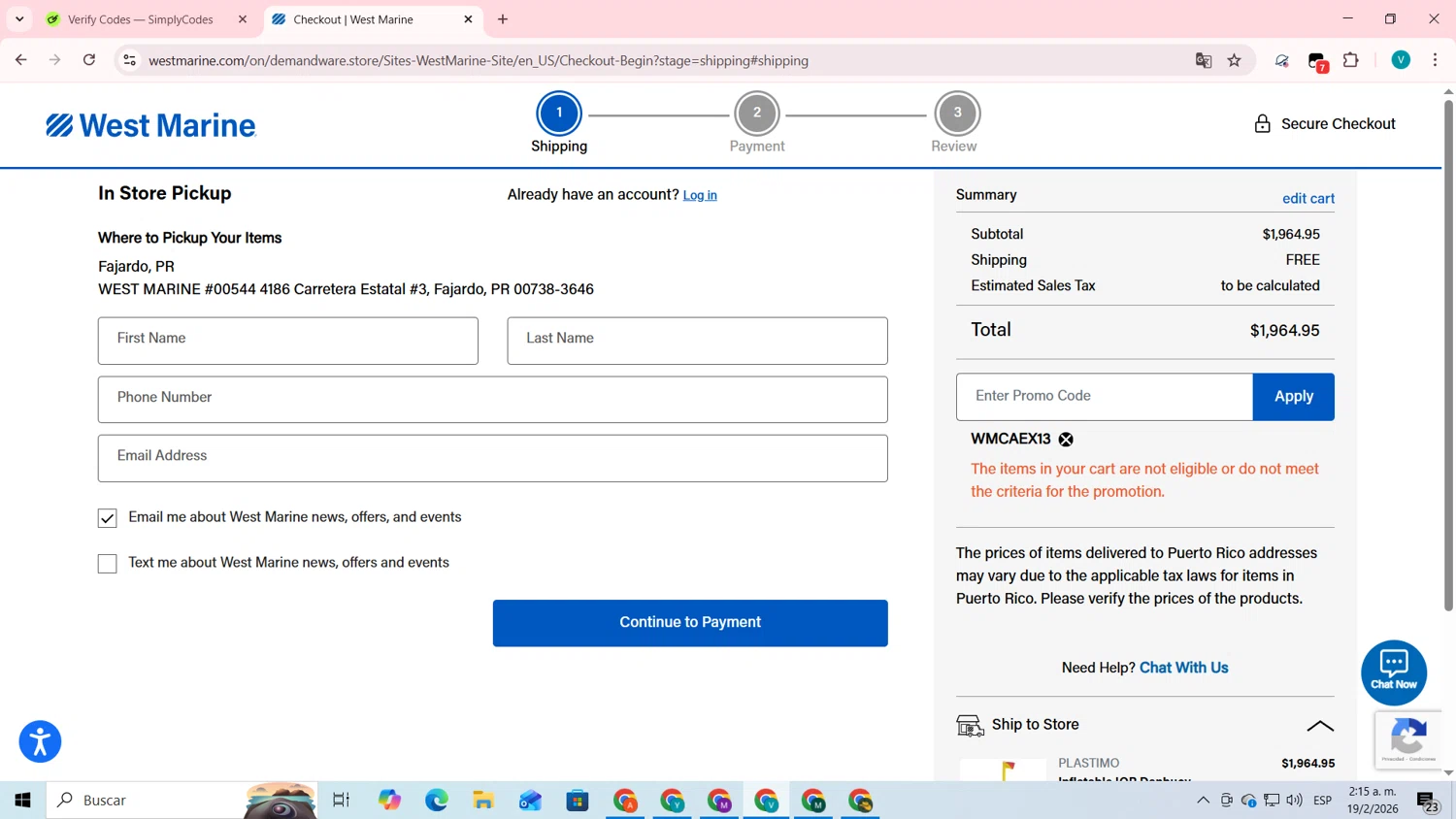 West Marine promo code screenshot showing code WMCAEX13 applied at West Marine checkout page. Uploaded by SimplyCodes community member lyffytaro on Feb 19, 2026