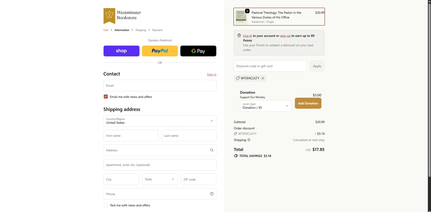 Westminister Bookstore promo code screenshot showing code WTSFACULTY applied at Westminister Bookstore checkout page. Uploaded by SimplyCodes community member Carlosramirez09 on Jan 13, 2026